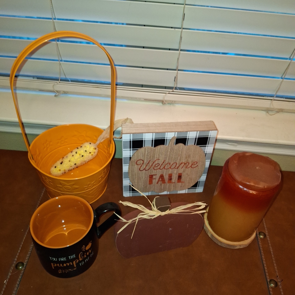 Fall Decor Set with Orange Bucket and Candle